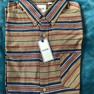 Casual Button Down Shirt in Brown and Blue with Striped Pattern